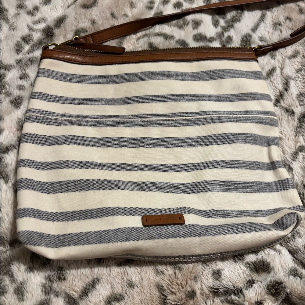 Fossil Cream and Gray Striped Crossbody Bag